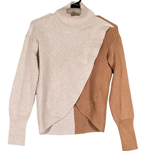 Express Womens Sweater Tan Brown Crossover Front Mock Neck Long Sleeve XS - Picture 1 of 12